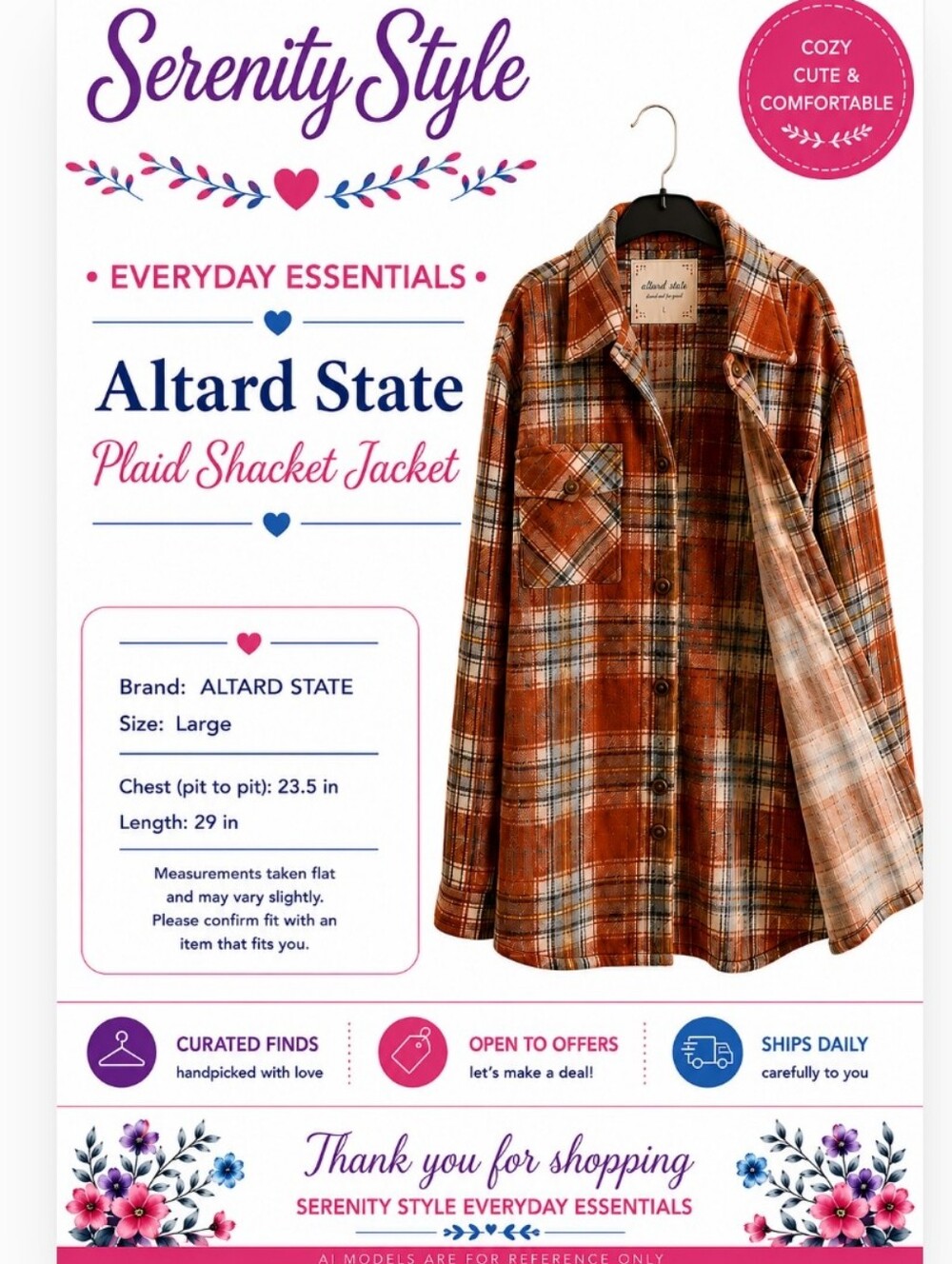 Altard State Plaid Shacket Jacket Women’s Large Rust Orange Cottageco - Picture 2 of 16